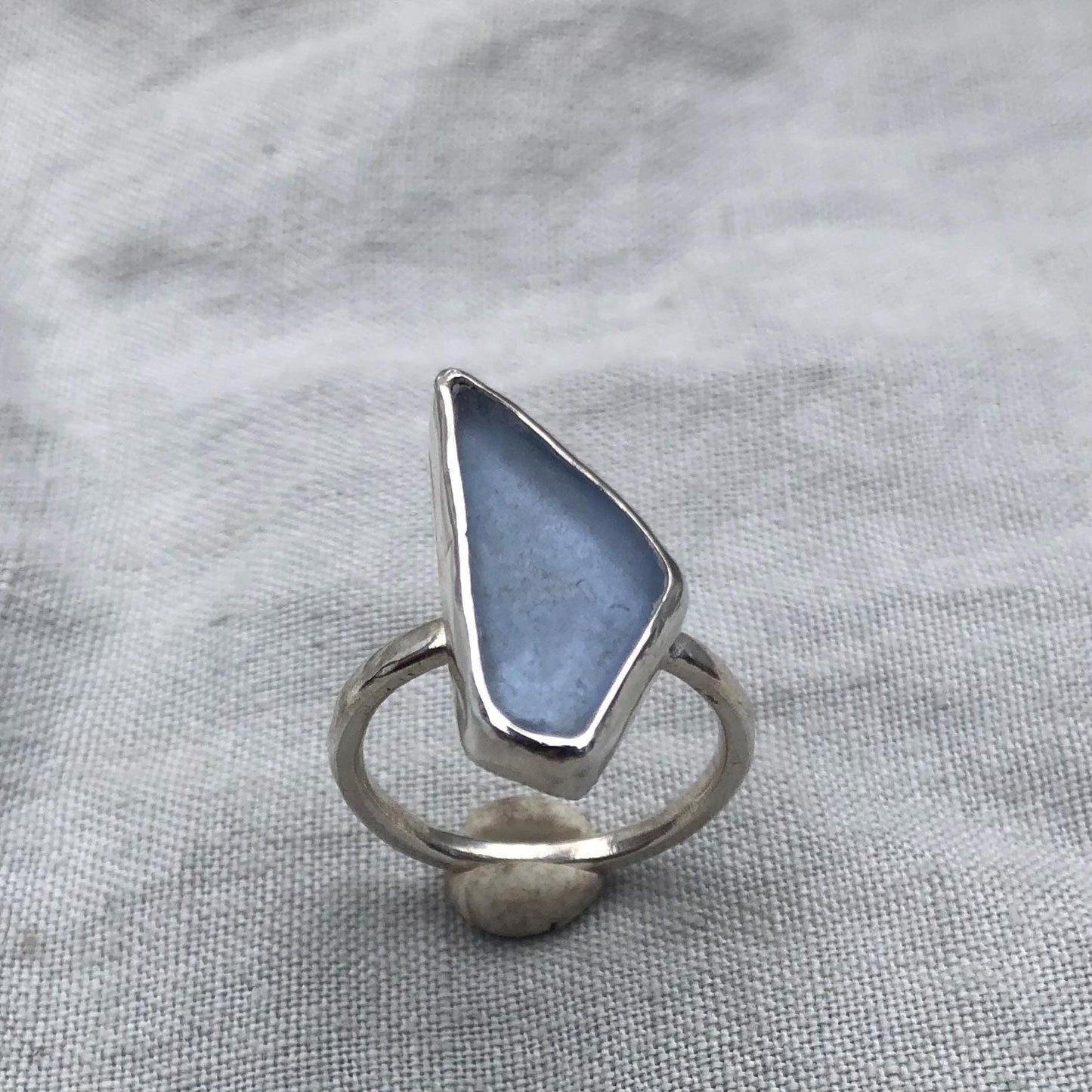 Light blue sea glass ring in argentium sterling silver // Geometric sea glass ring // Found beach glass ring // U.S. size 6 3/4