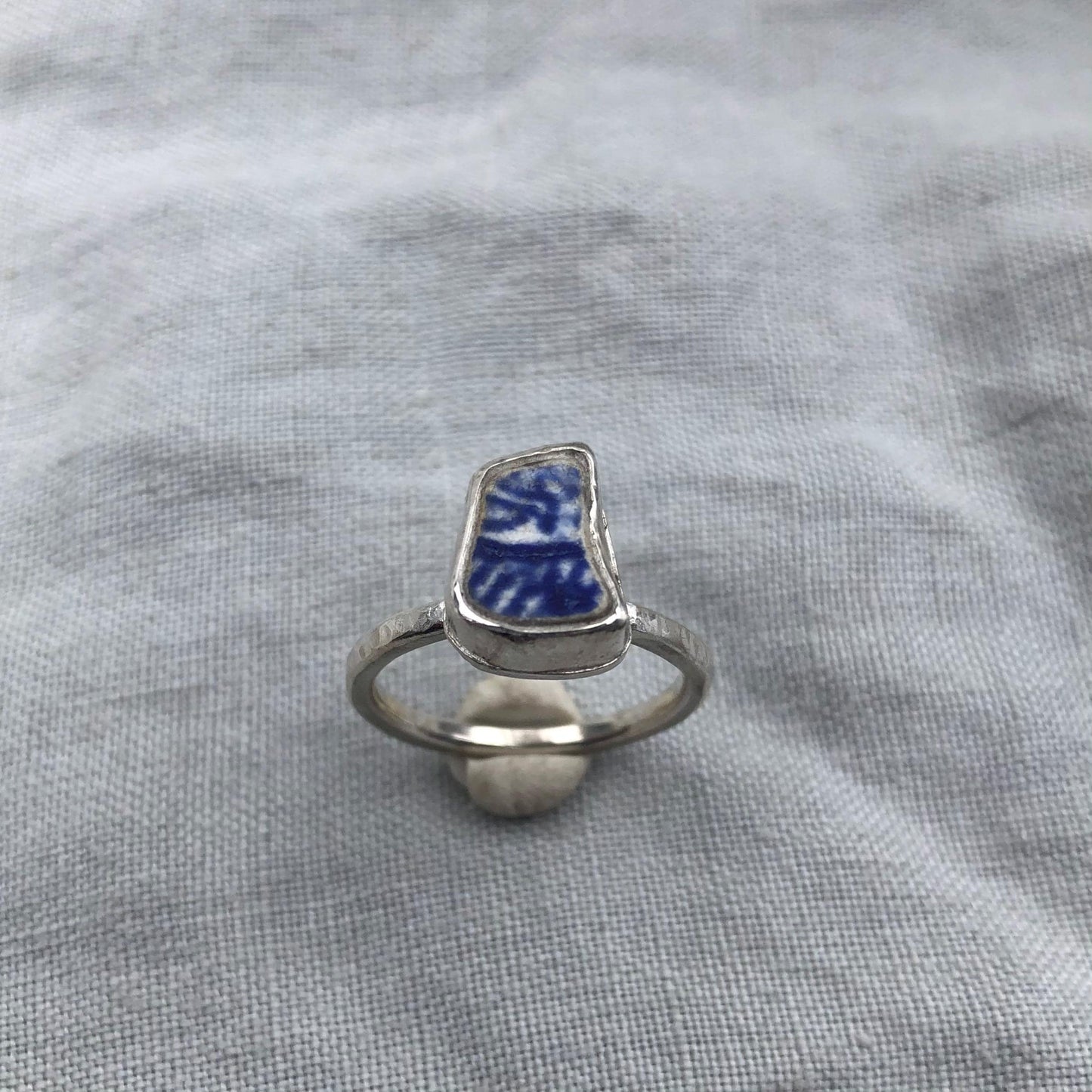 Blue and white sea pottery ring in argentium sterling silver // Beach found ceramic ring // U.S. size 6 1/4