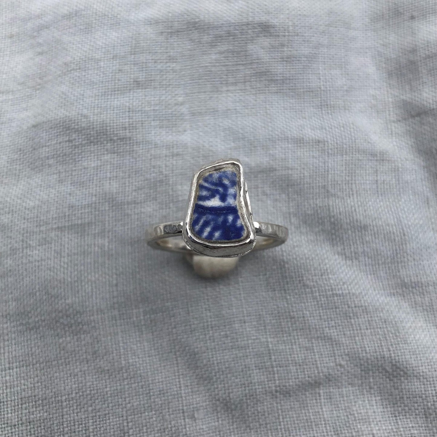 Blue and white sea pottery ring in argentium sterling silver // Beach found ceramic ring // U.S. size 6 1/4