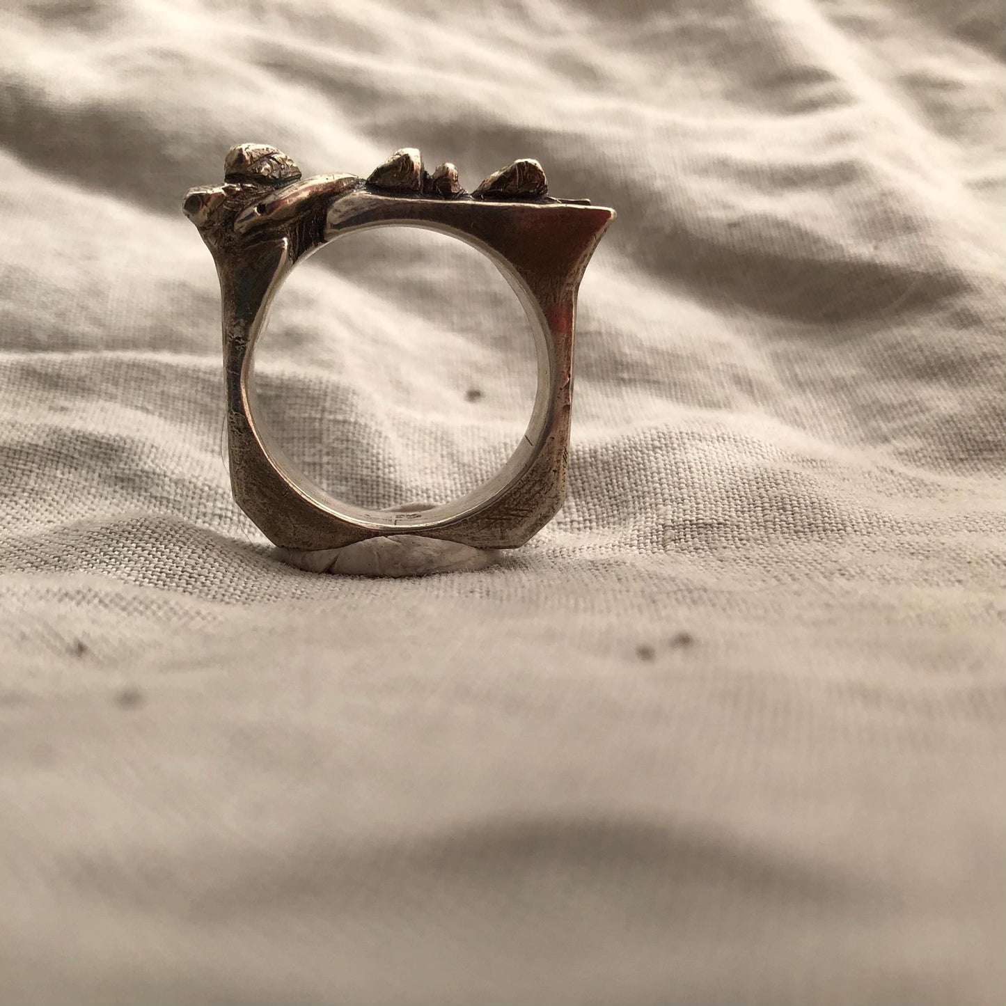 Snake on a rock wall ring in argentium sterling silver // U.S. size 11