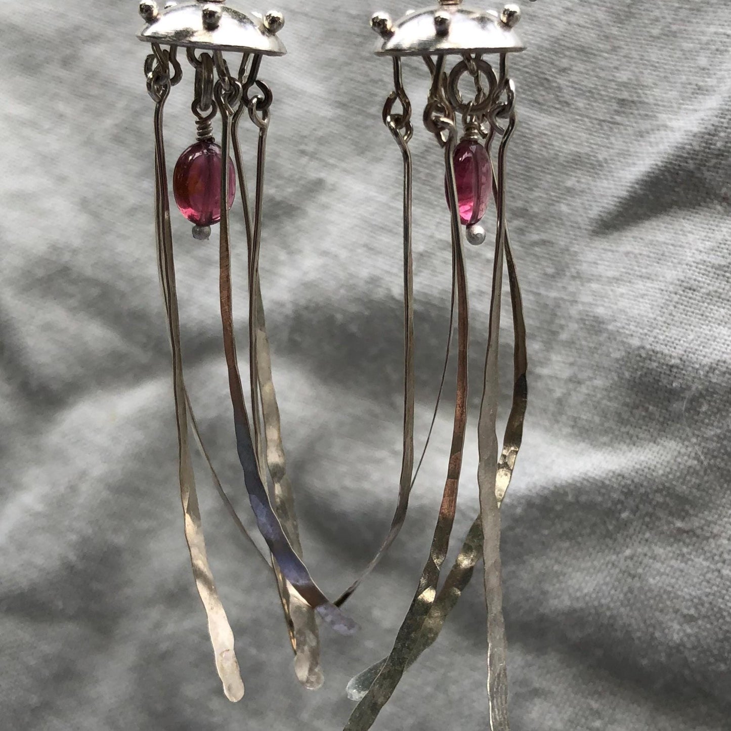 Jellyfish earrings in argentium sterling silver with pink tourmaline // Kinetic sculptural pink tourmaline earrings
