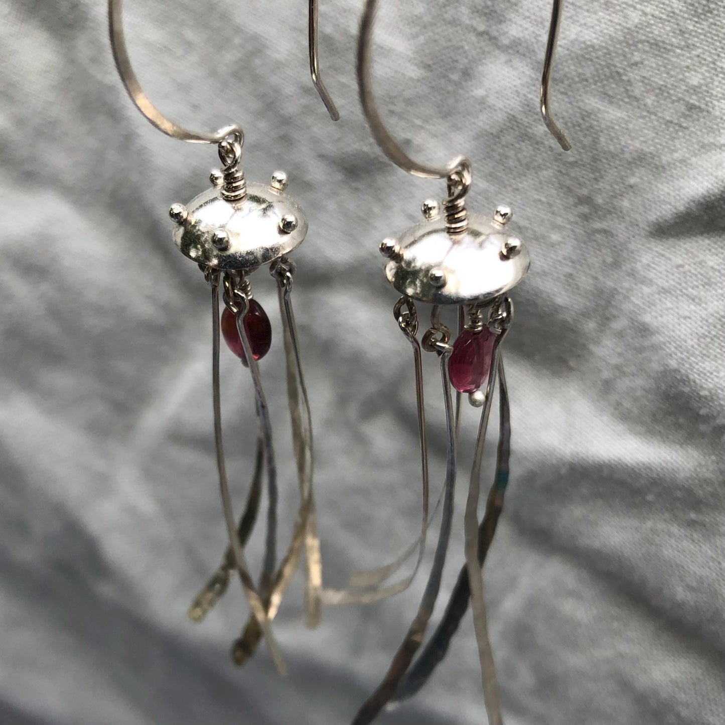 Jellyfish earrings in argentium sterling silver with pink tourmaline // Kinetic sculptural pink tourmaline earrings