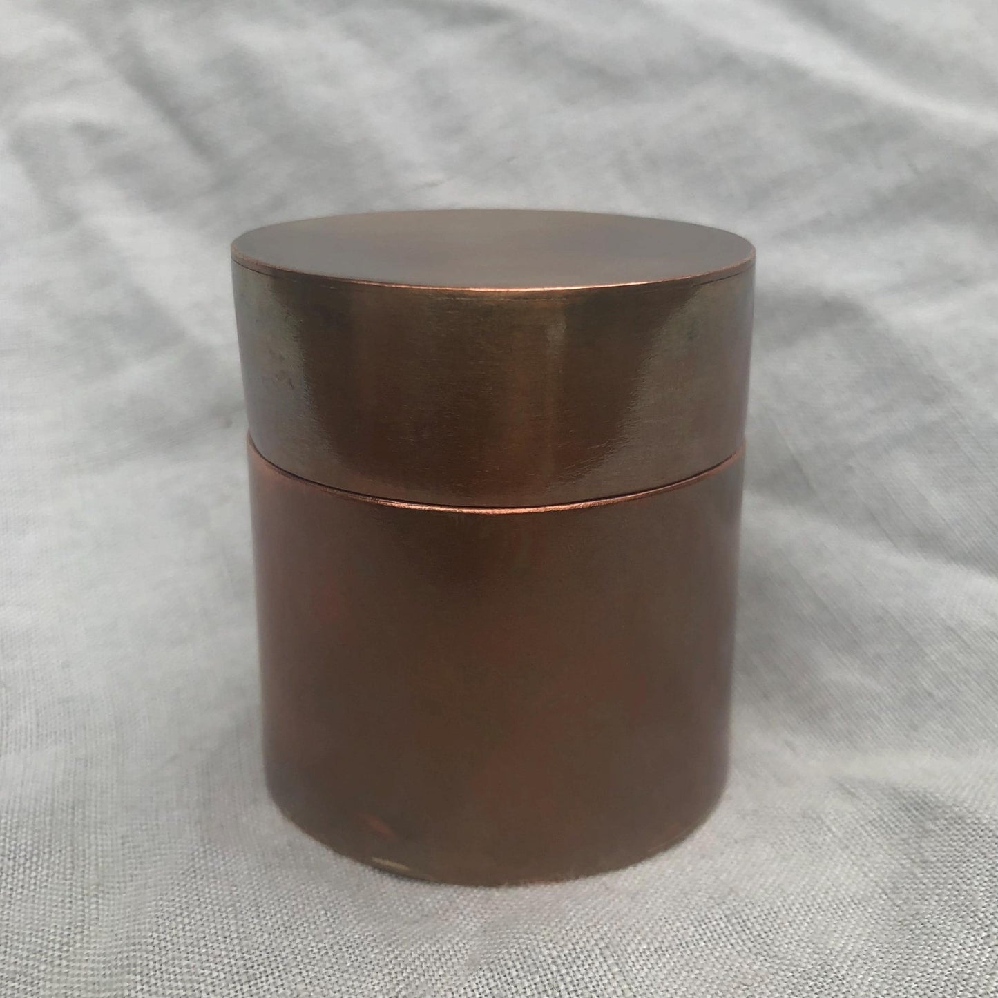 Small copper jar with natural patina // Lidded copper jar with rivets