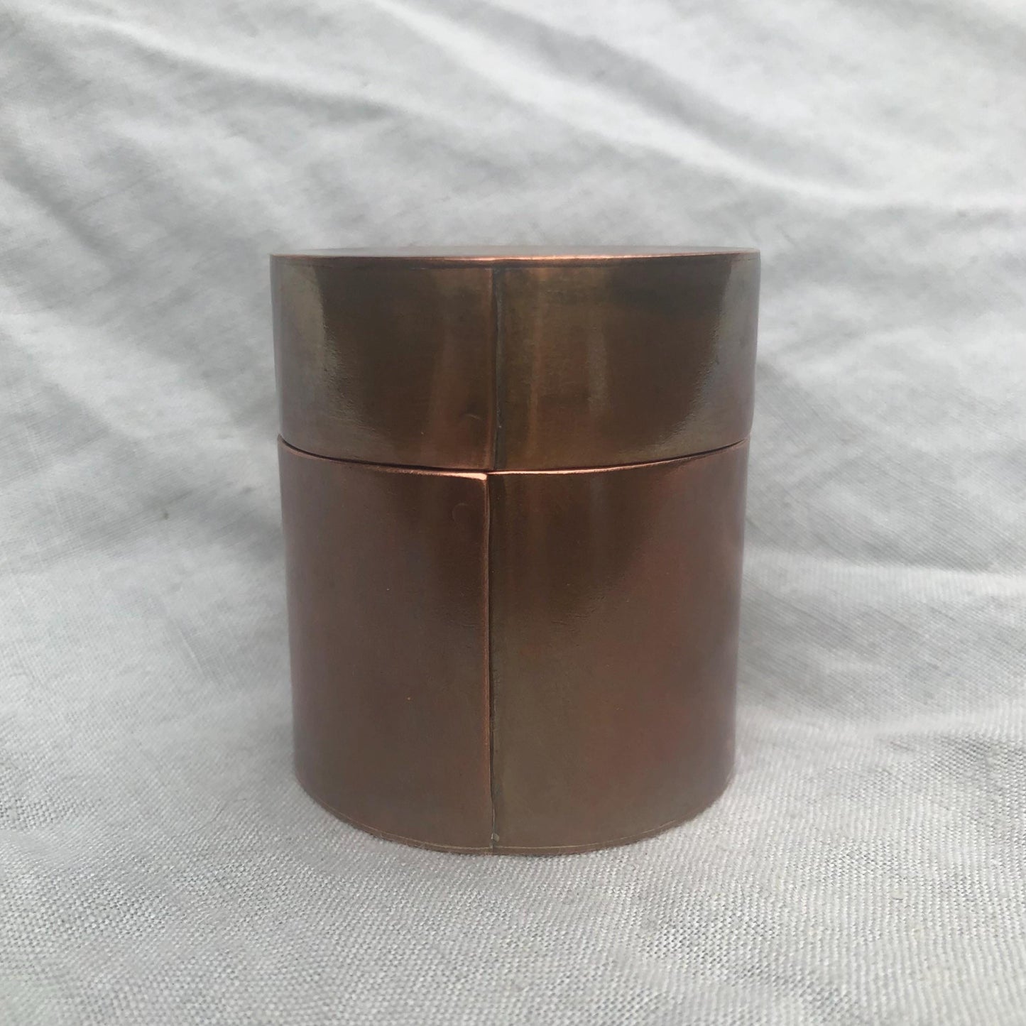 Small copper jar with natural patina // Lidded copper jar with rivets
