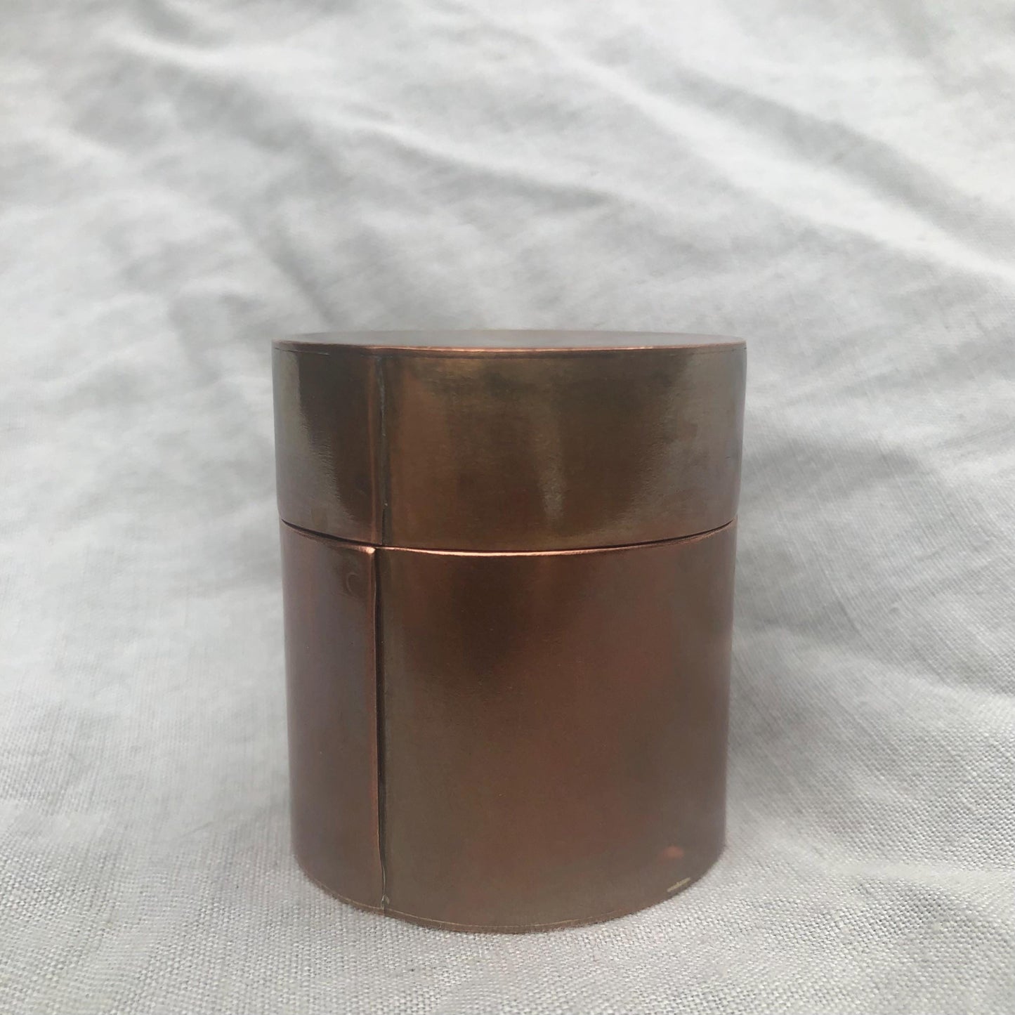 Small copper jar with natural patina // Lidded copper jar with rivets