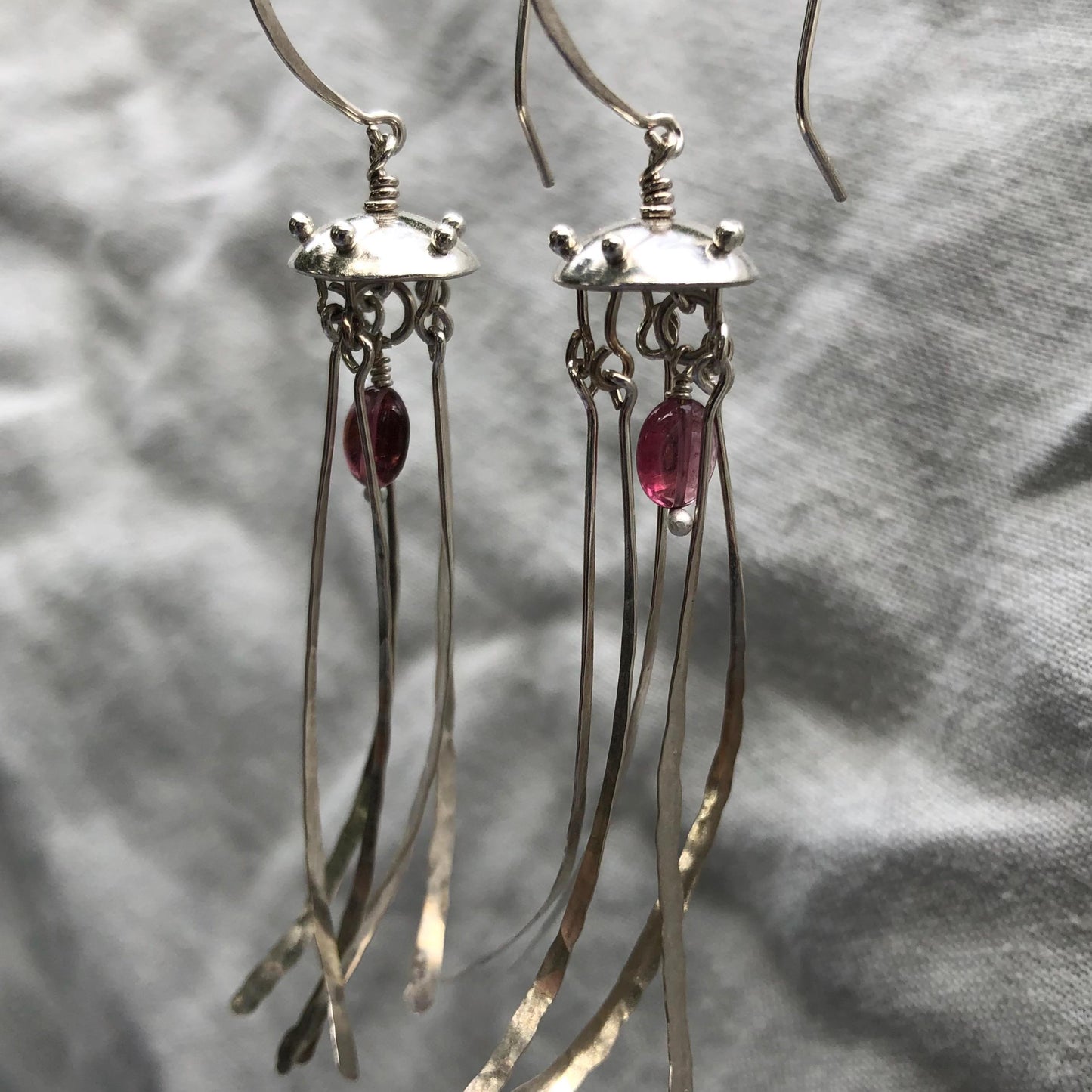 Jellyfish earrings in argentium sterling silver with pink tourmaline // Kinetic sculptural pink tourmaline earrings