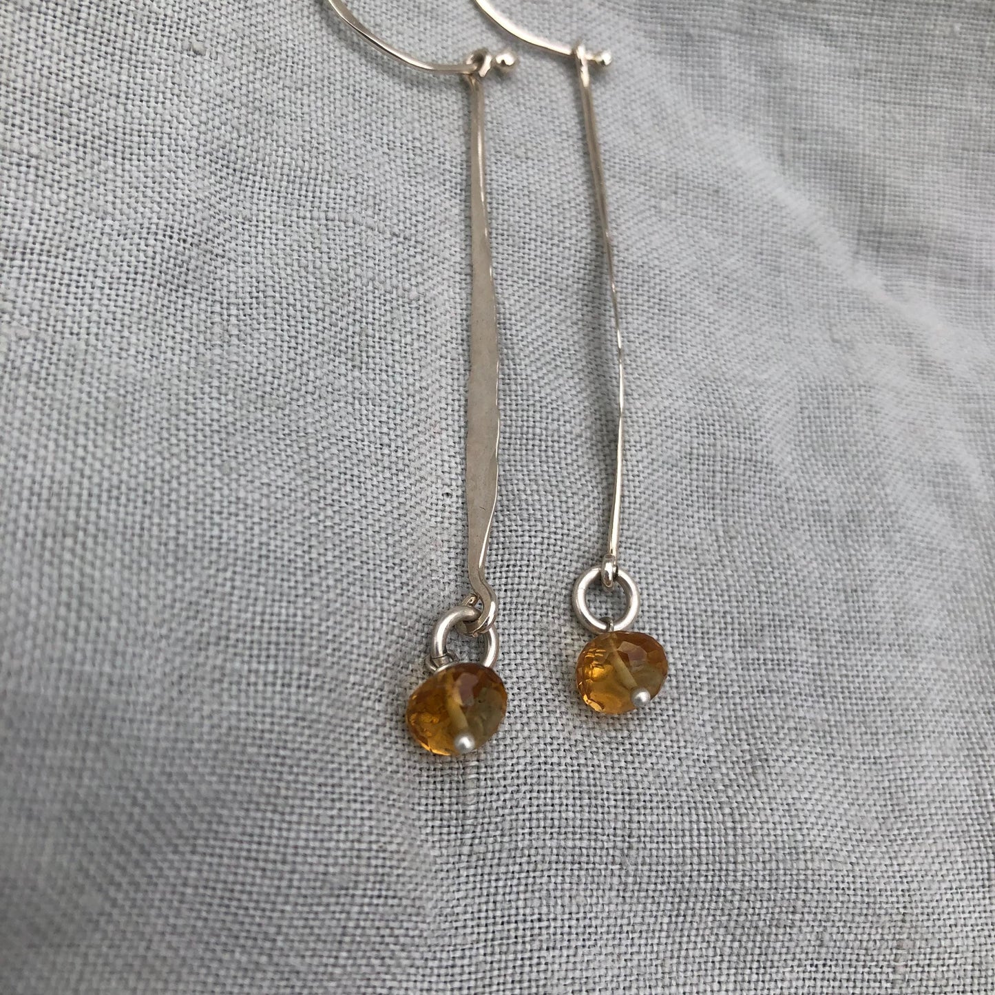 Hammered drop earrings in argentium sterling silver with microfaceted citrine // Kinetic sculptural earrings // November birthstone earrings