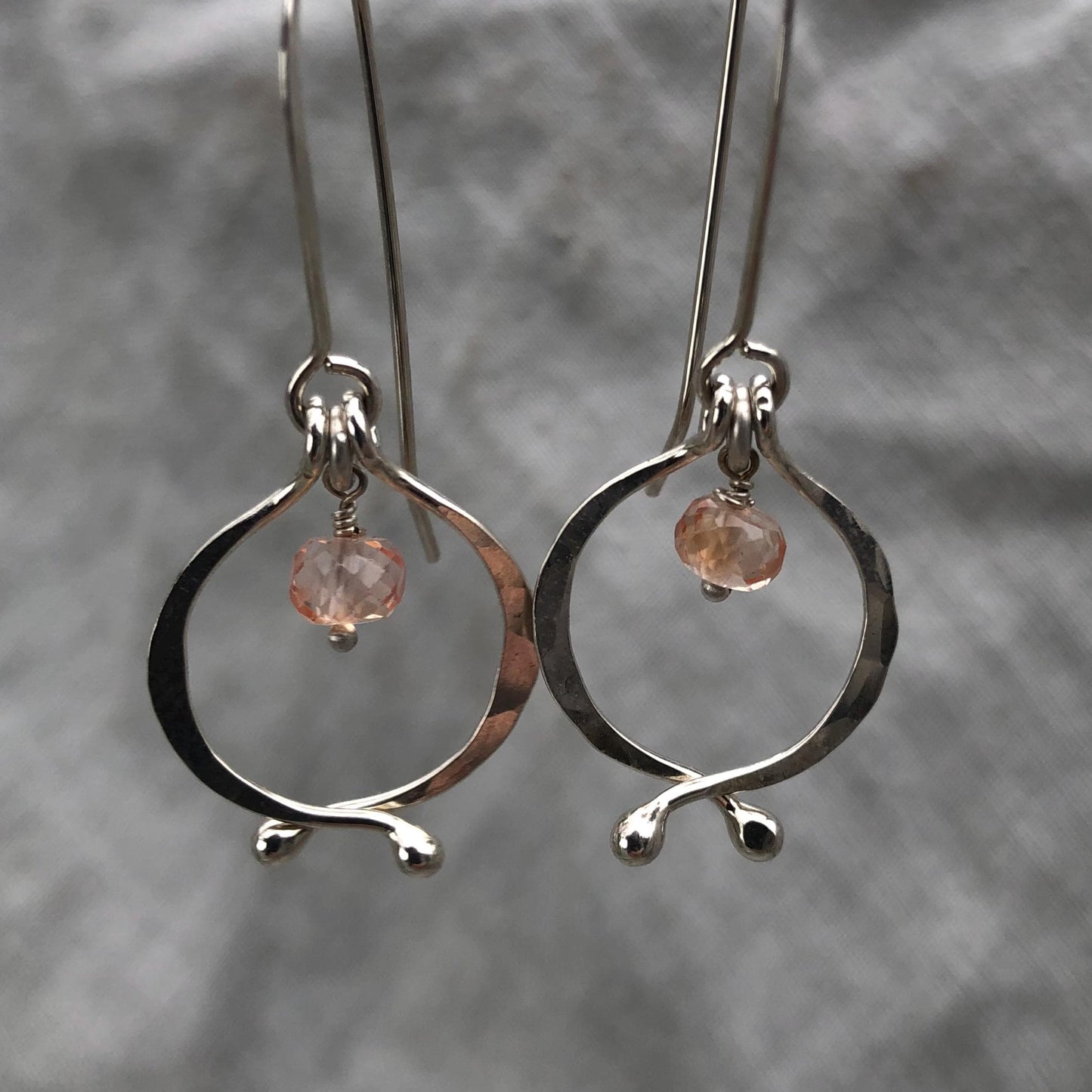 Little double scoop earrings in argentium sterling silver with pink lab sapphires // Kinetic sculptural September birthstone earrings