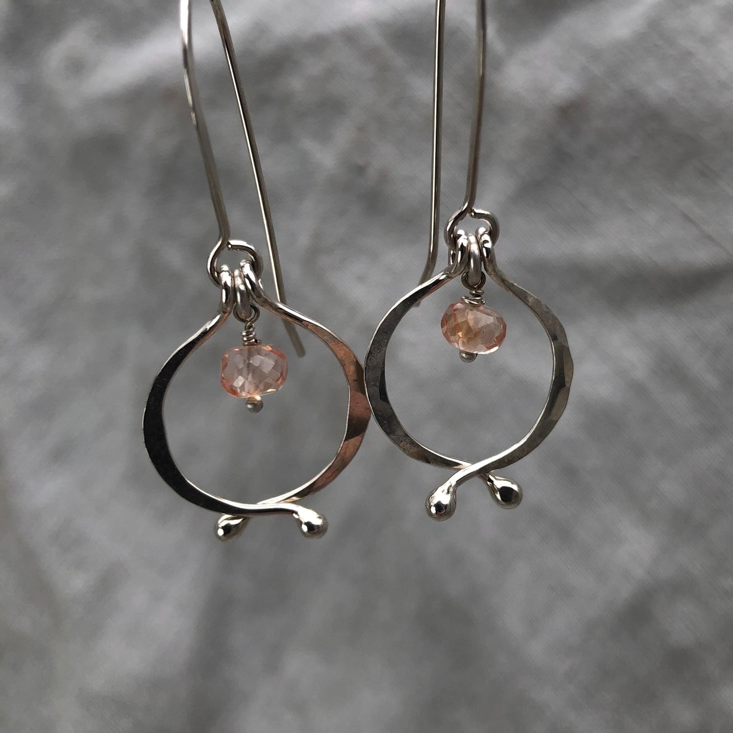 Little double scoop earrings in argentium sterling silver with pink lab sapphires // Kinetic sculptural September birthstone earrings