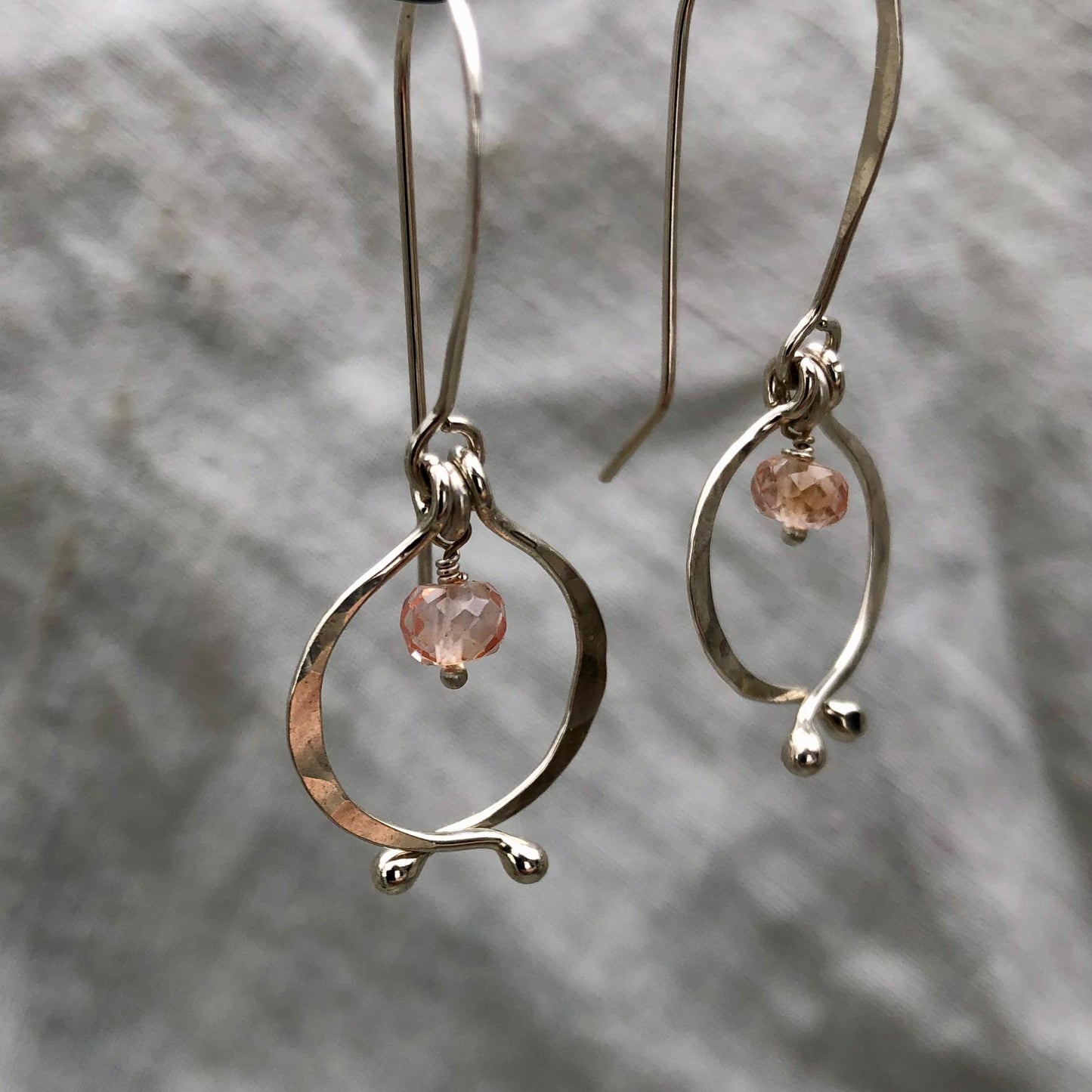 Little double scoop earrings in argentium sterling silver with pink lab sapphires // Kinetic sculptural September birthstone earrings