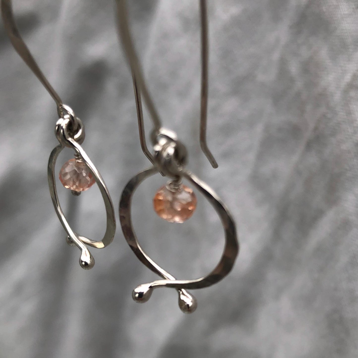 Little double scoop earrings in argentium sterling silver with pink lab sapphires // Kinetic sculptural September birthstone earrings