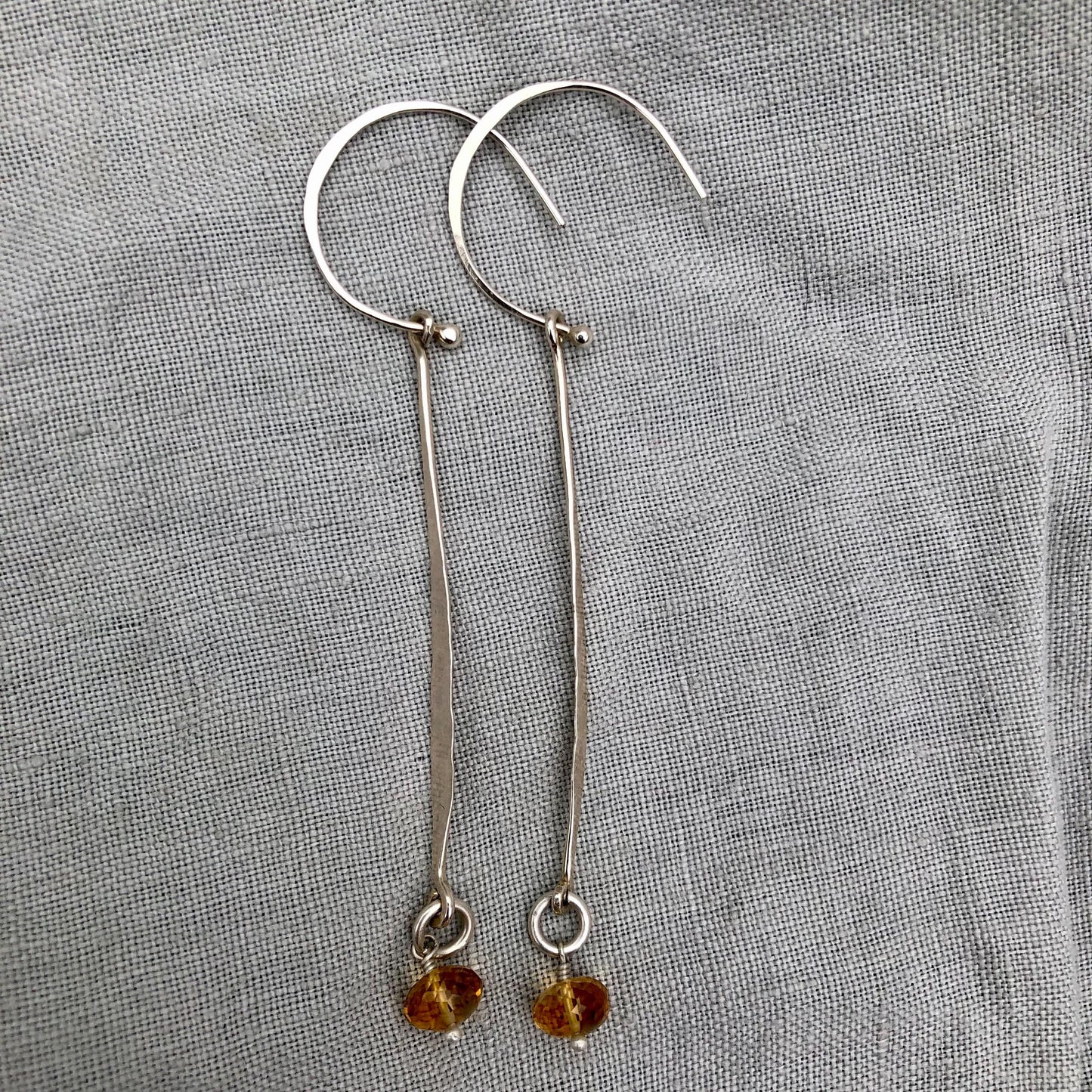 Hammered drop earrings in argentium sterling silver with microfaceted citrine // Kinetic sculptural earrings // November birthstone earrings