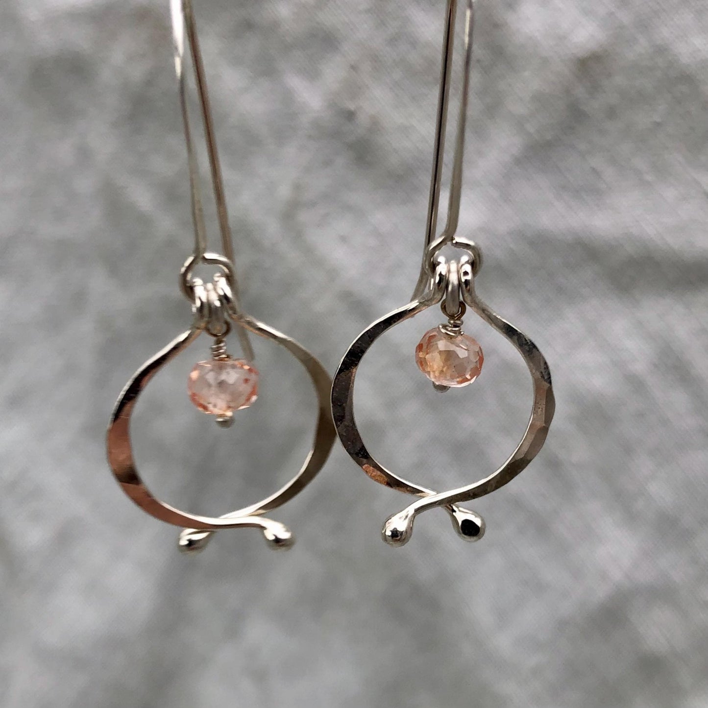 Little double scoop earrings in argentium sterling silver with pink lab sapphires // Kinetic sculptural September birthstone earrings
