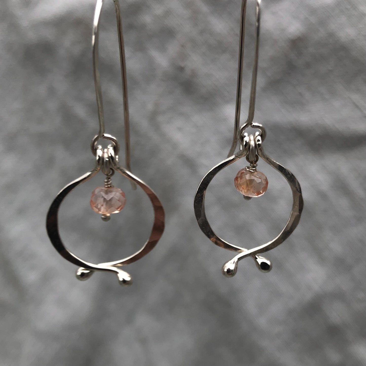 Little double scoop earrings in argentium sterling silver with pink lab sapphires // Kinetic sculptural September birthstone earrings