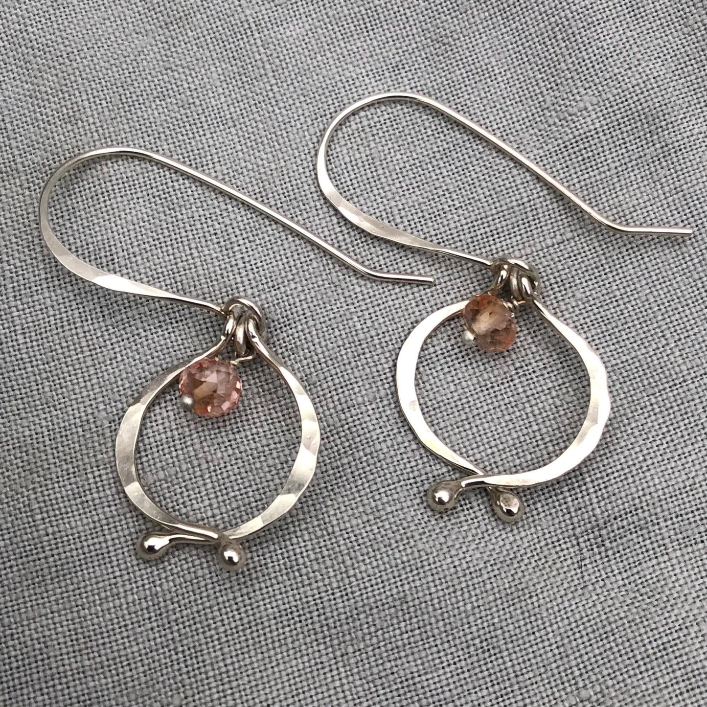Little double scoop earrings in argentium sterling silver with pink lab sapphires // Kinetic sculptural September birthstone earrings