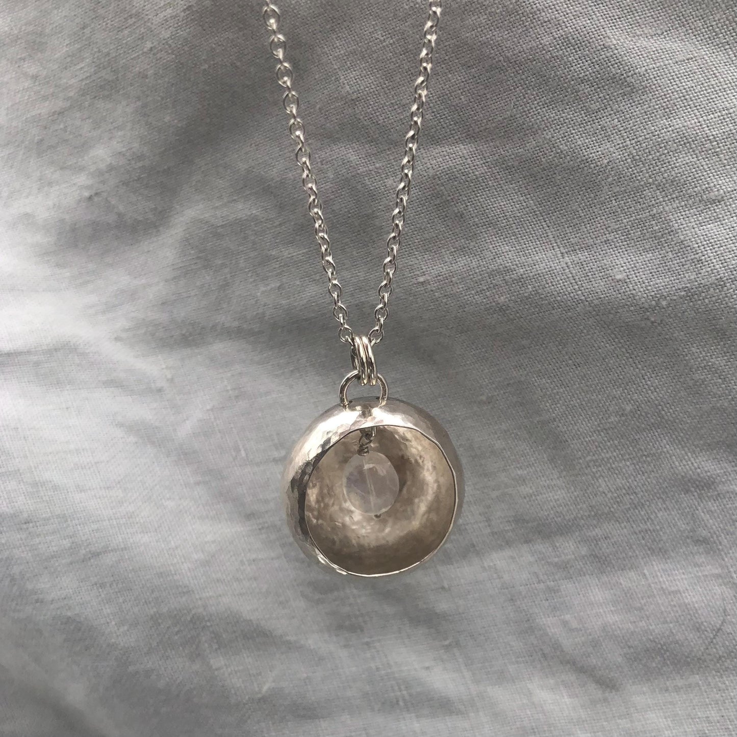 Moonstone hollow vessel pendant in argentium sterling silver