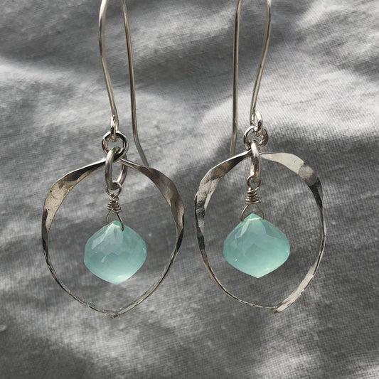 Hammered frame earrings in argentium sterling silver with aqua chalcedony