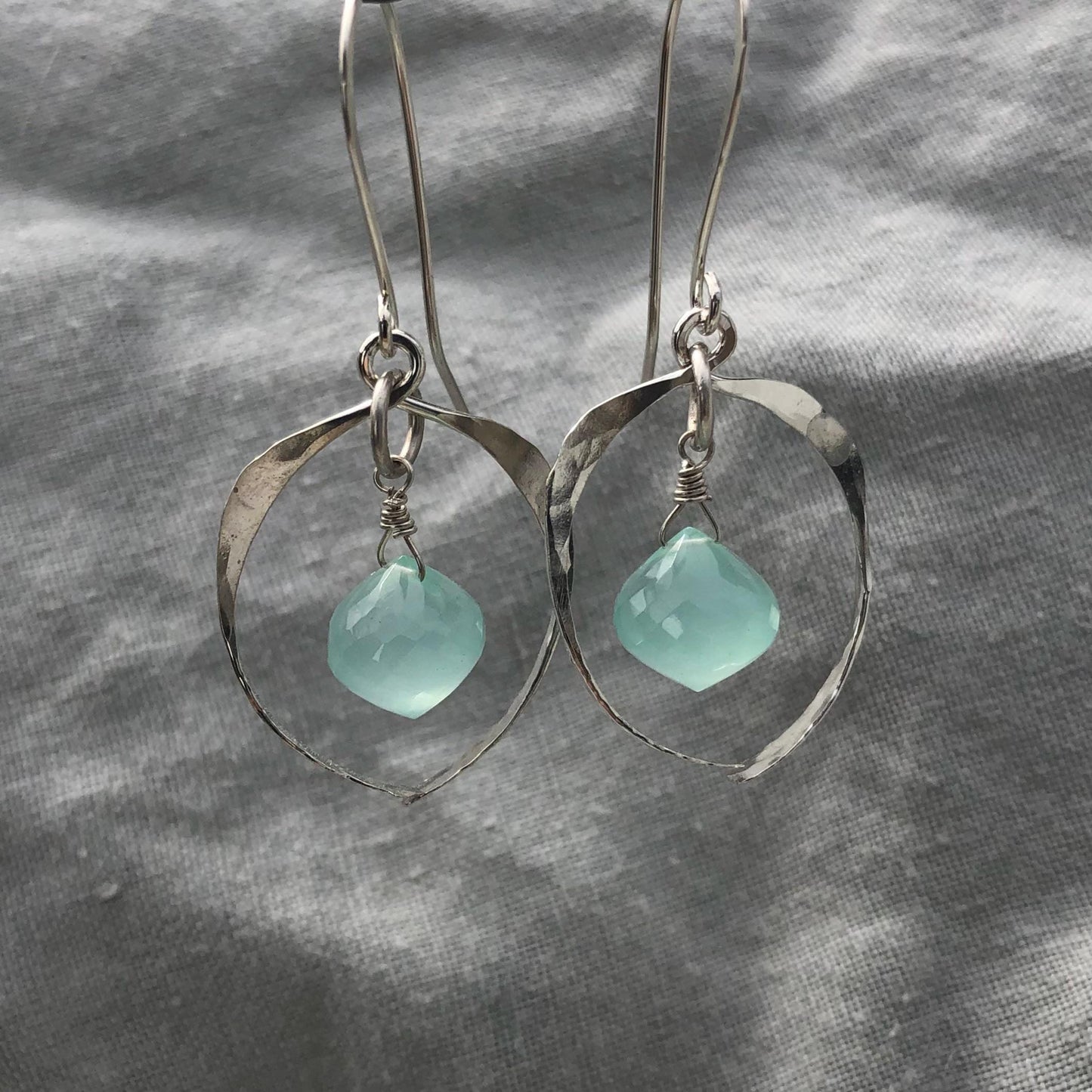 Hammered frame earrings in argentium sterling silver with aqua chalcedony