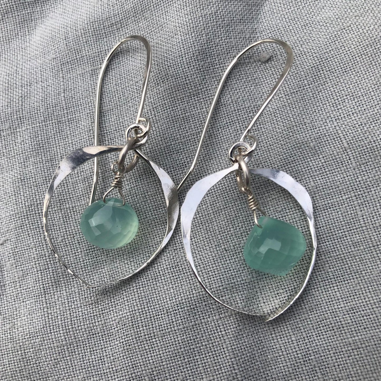 Hammered frame earrings in argentium sterling silver with aqua chalcedony