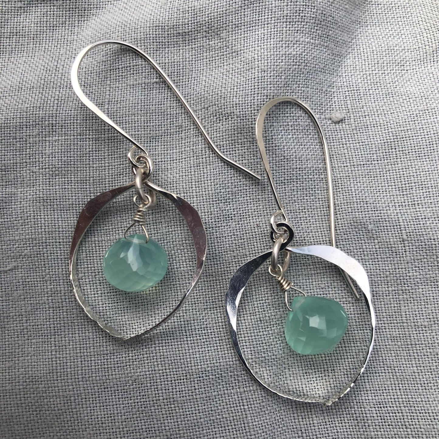 Hammered frame earrings in argentium sterling silver with aqua chalcedony