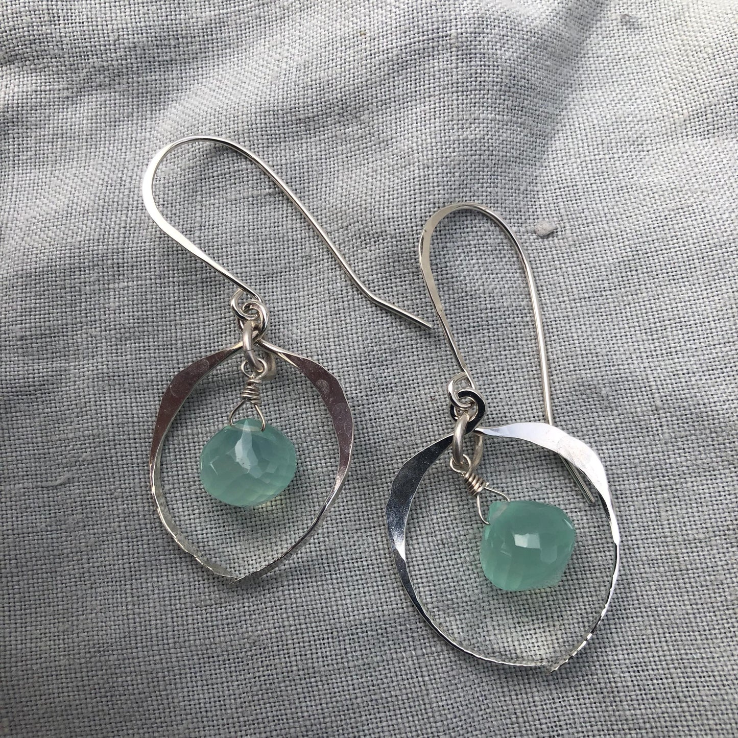 Hammered frame earrings in argentium sterling silver with aqua chalcedony