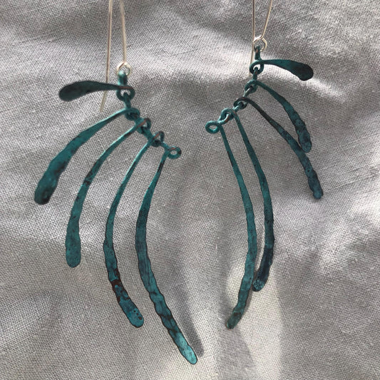 Bare bones earrings in copper with blue-green verdigris patina