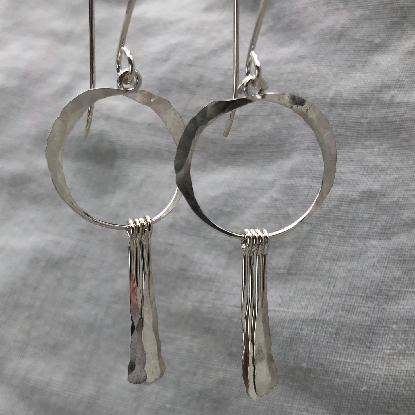 Open circle statement earrings with hammered fringe in argentium sterling silver