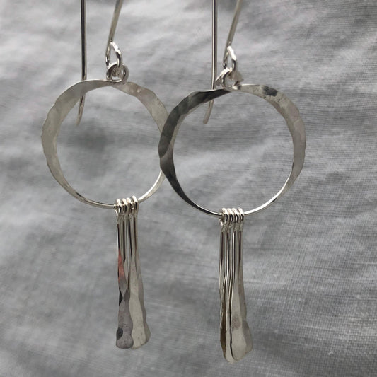 Open circle statement earrings with hammered fringe in argentium sterling silver