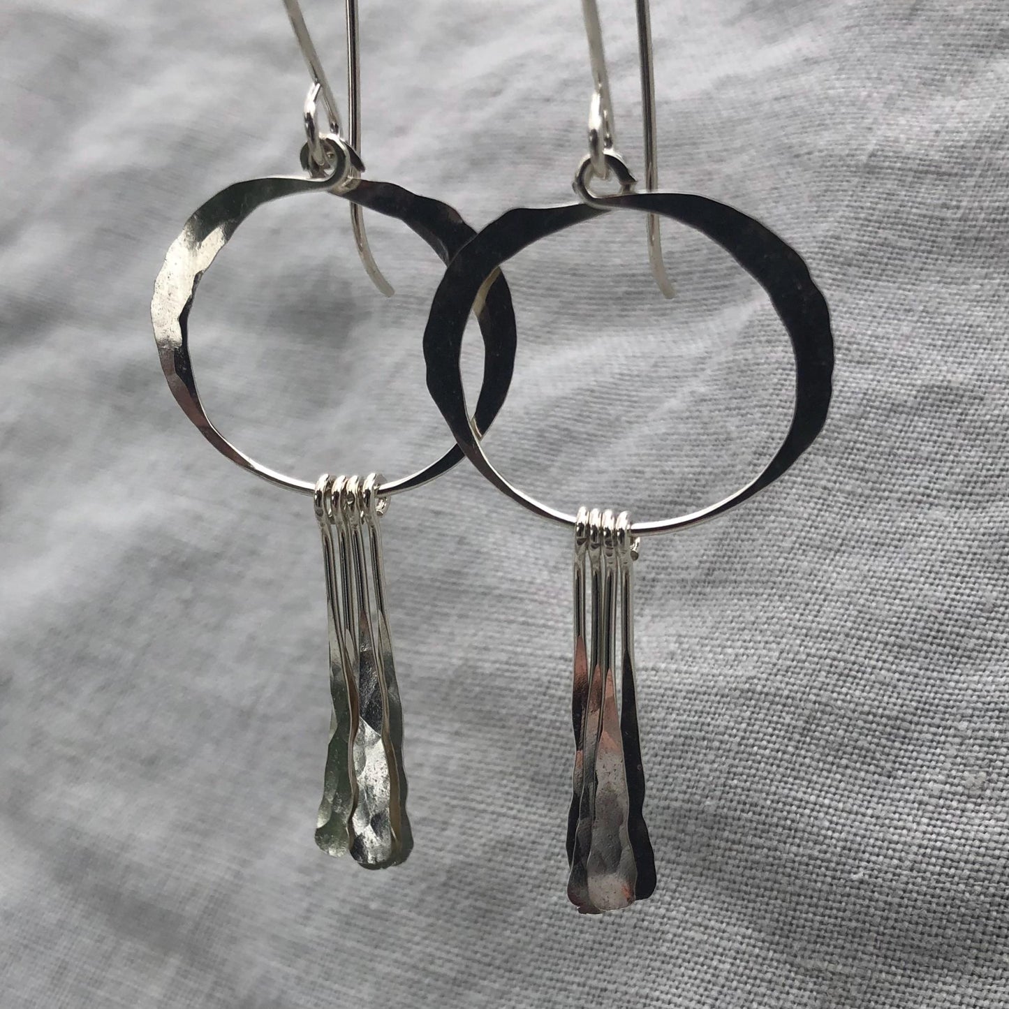 Open circle statement earrings with hammered fringe in argentium sterling silver