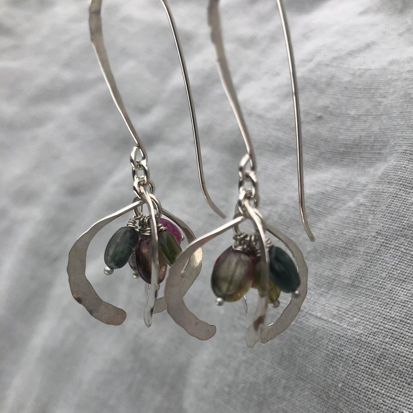 Little open globe statement earrings in argentium sterling silver with multicolored tourmaline
