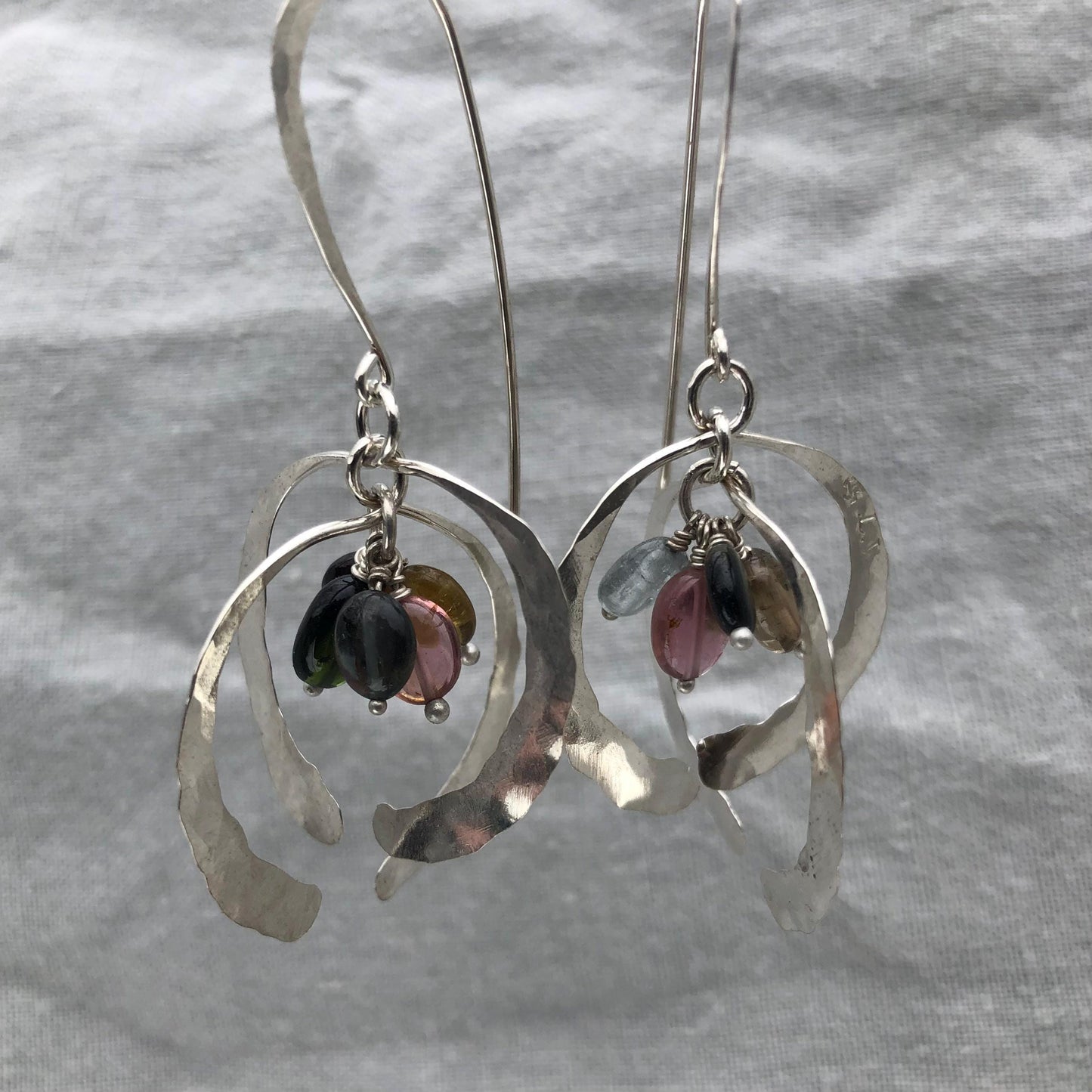 Open globe statement earrings in argentium sterling silver with multicolored tourmaline