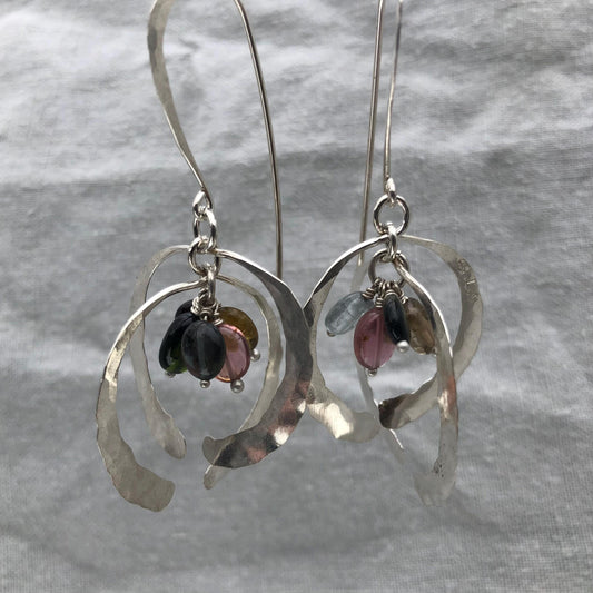 Open globe statement earrings in argentium sterling silver with multicolored tourmaline