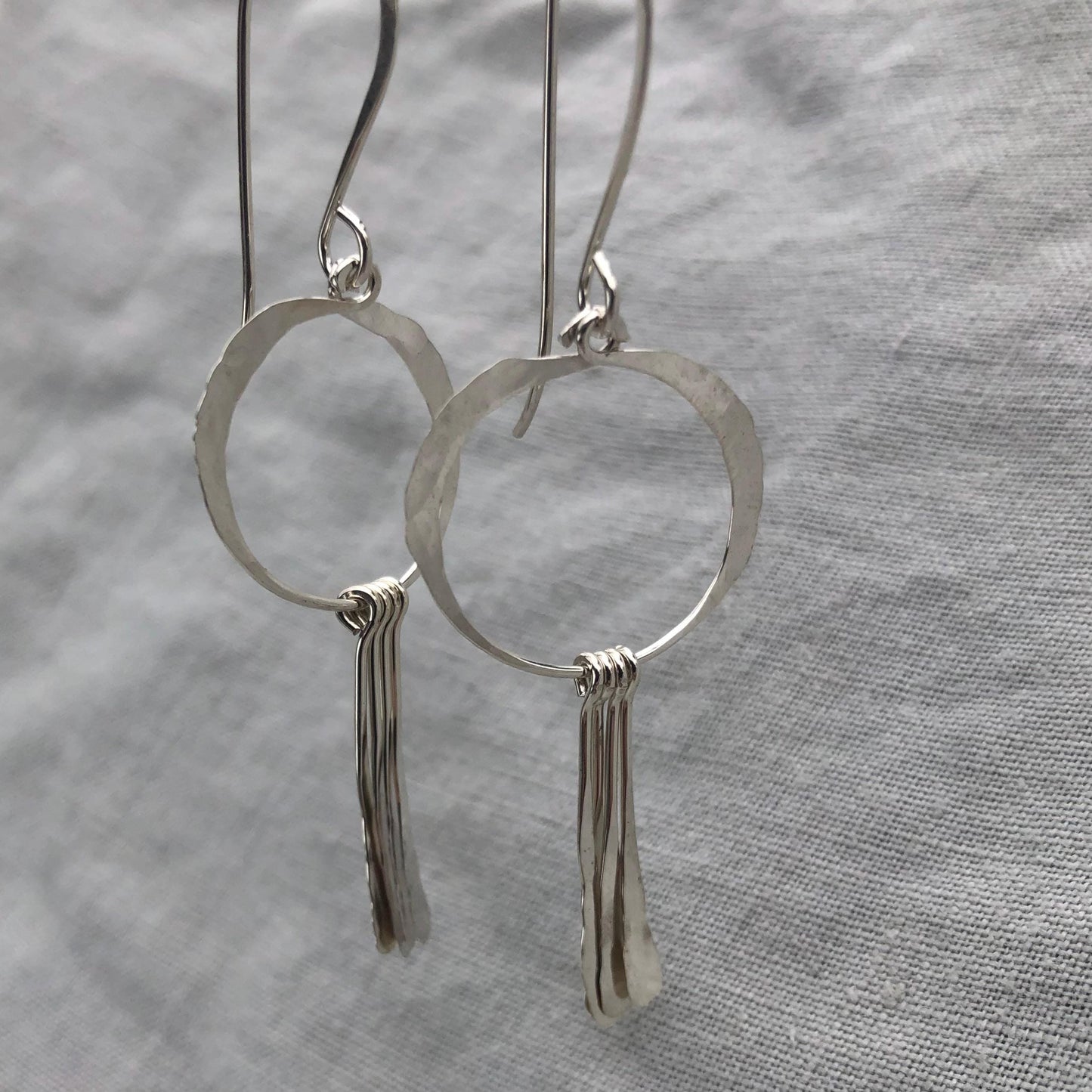 Open circle statement earrings with hammered fringe in argentium sterling silver