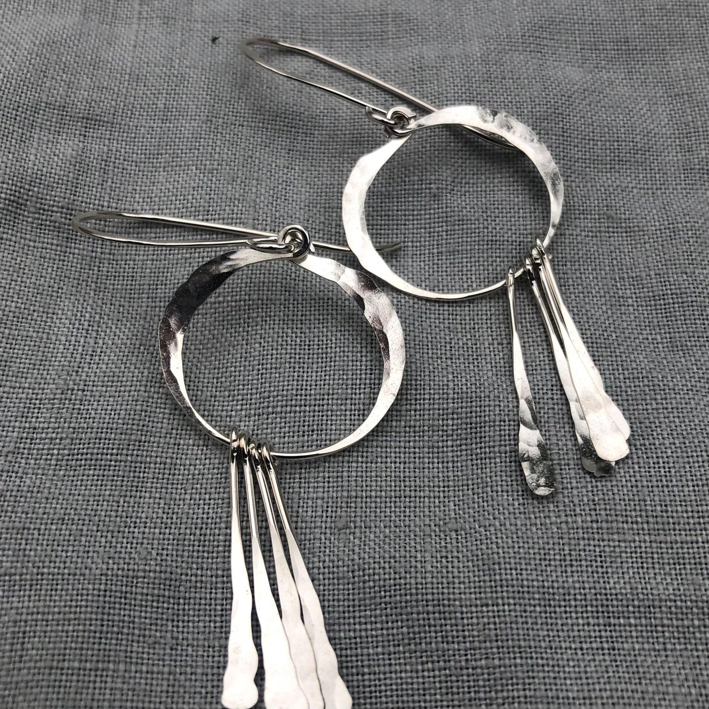 Open circle statement earrings with hammered fringe in argentium sterling silver