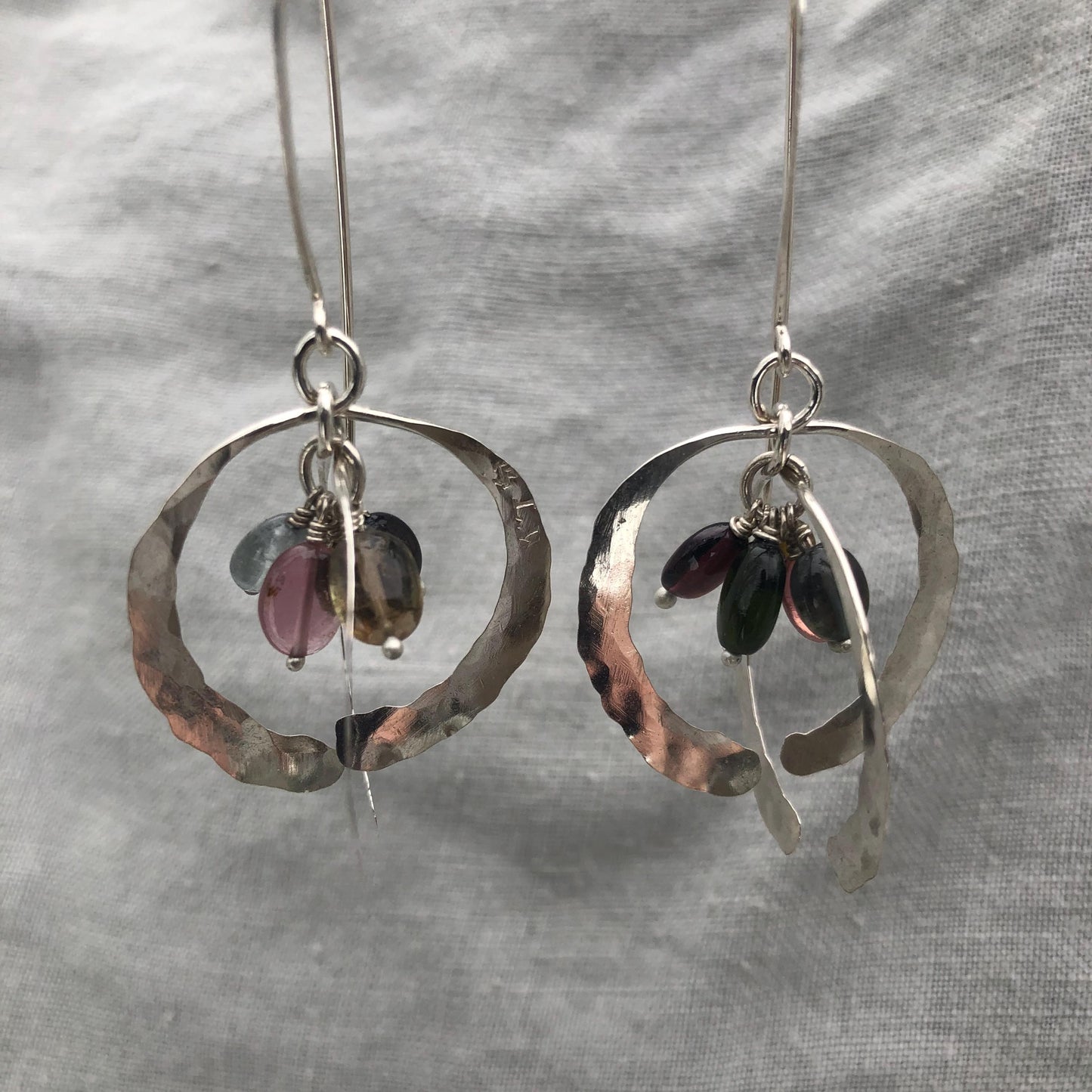 Open globe statement earrings in argentium sterling silver with multicolored tourmaline