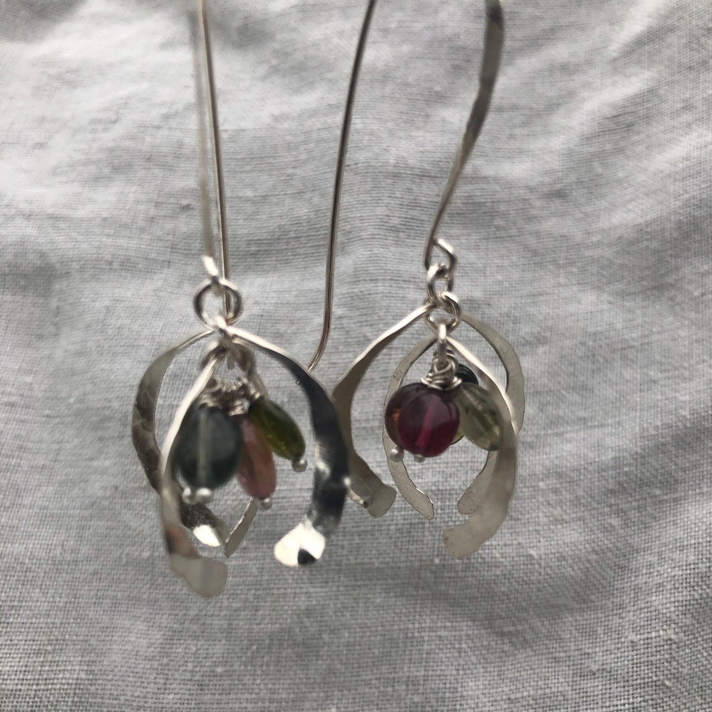 Little open globe statement earrings in argentium sterling silver with multicolored tourmaline
