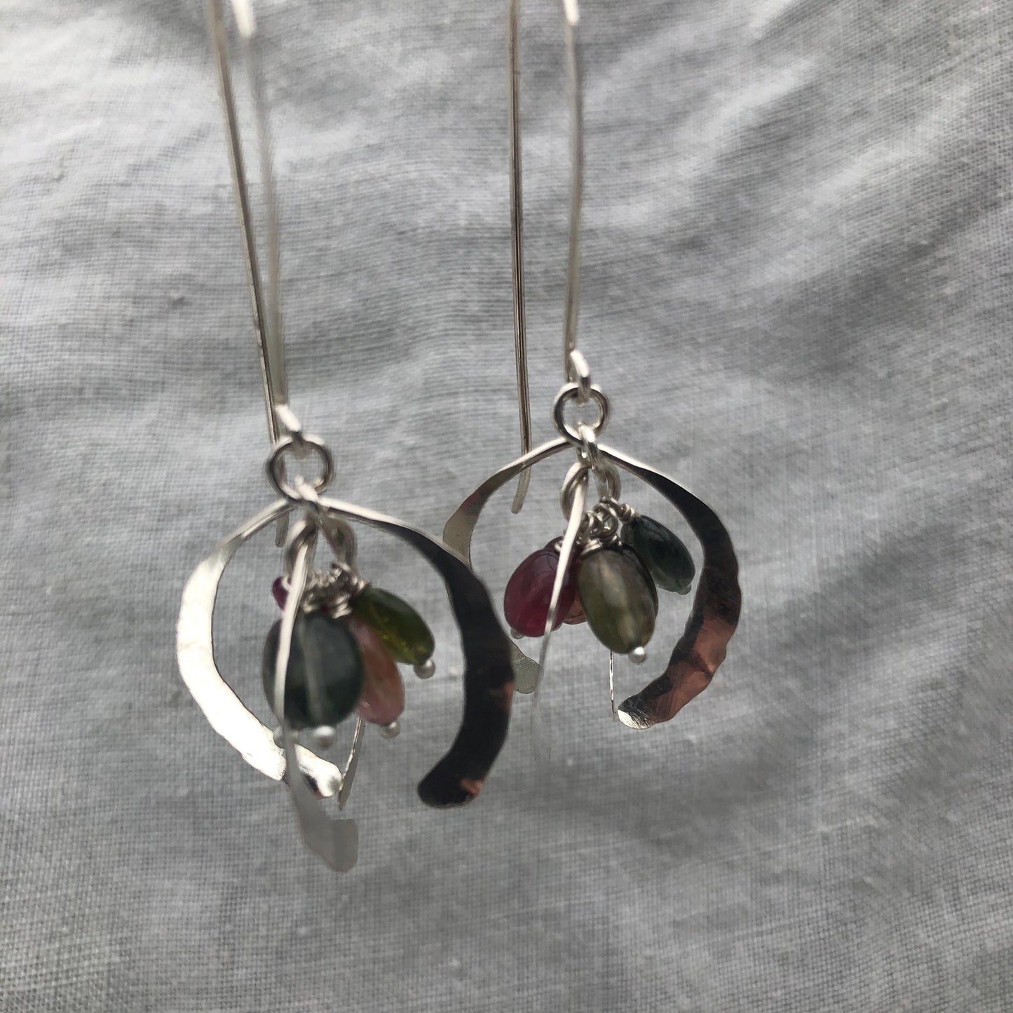 Little open globe statement earrings in argentium sterling silver with multicolored tourmaline