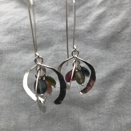 Little open globe statement earrings in argentium sterling silver with multicolored tourmaline