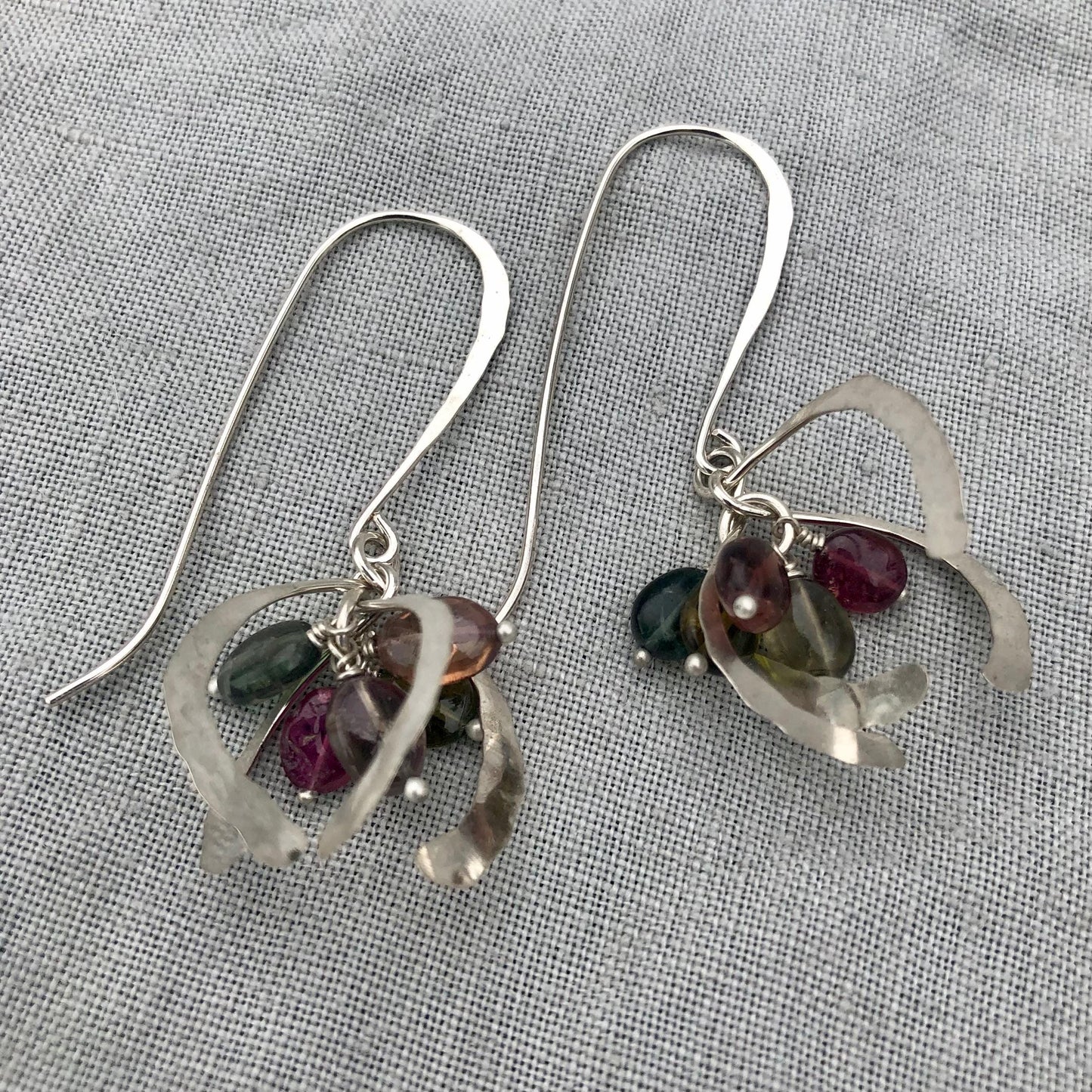 Little open globe statement earrings in argentium sterling silver with multicolored tourmaline