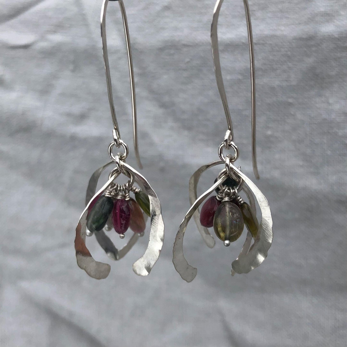 Little open globe statement earrings in argentium sterling silver with multicolored tourmaline