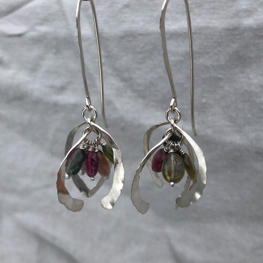 Little open globe statement earrings in argentium sterling silver with multicolored tourmaline
