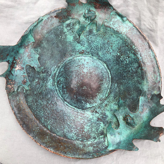 Vernal pool bowl with spring peeper frogs and oak leaves in copper and bronze with verdigris patina