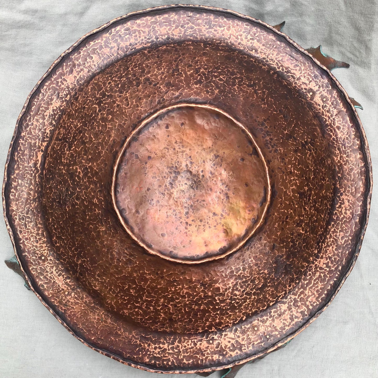 Vernal pool bowl with spring peeper frogs and oak leaves in copper and bronze with verdigris patina