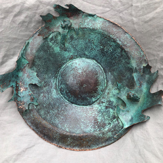 Vernal pool bowl with spring peeper frogs and oak leaves in copper and bronze with verdigris patina