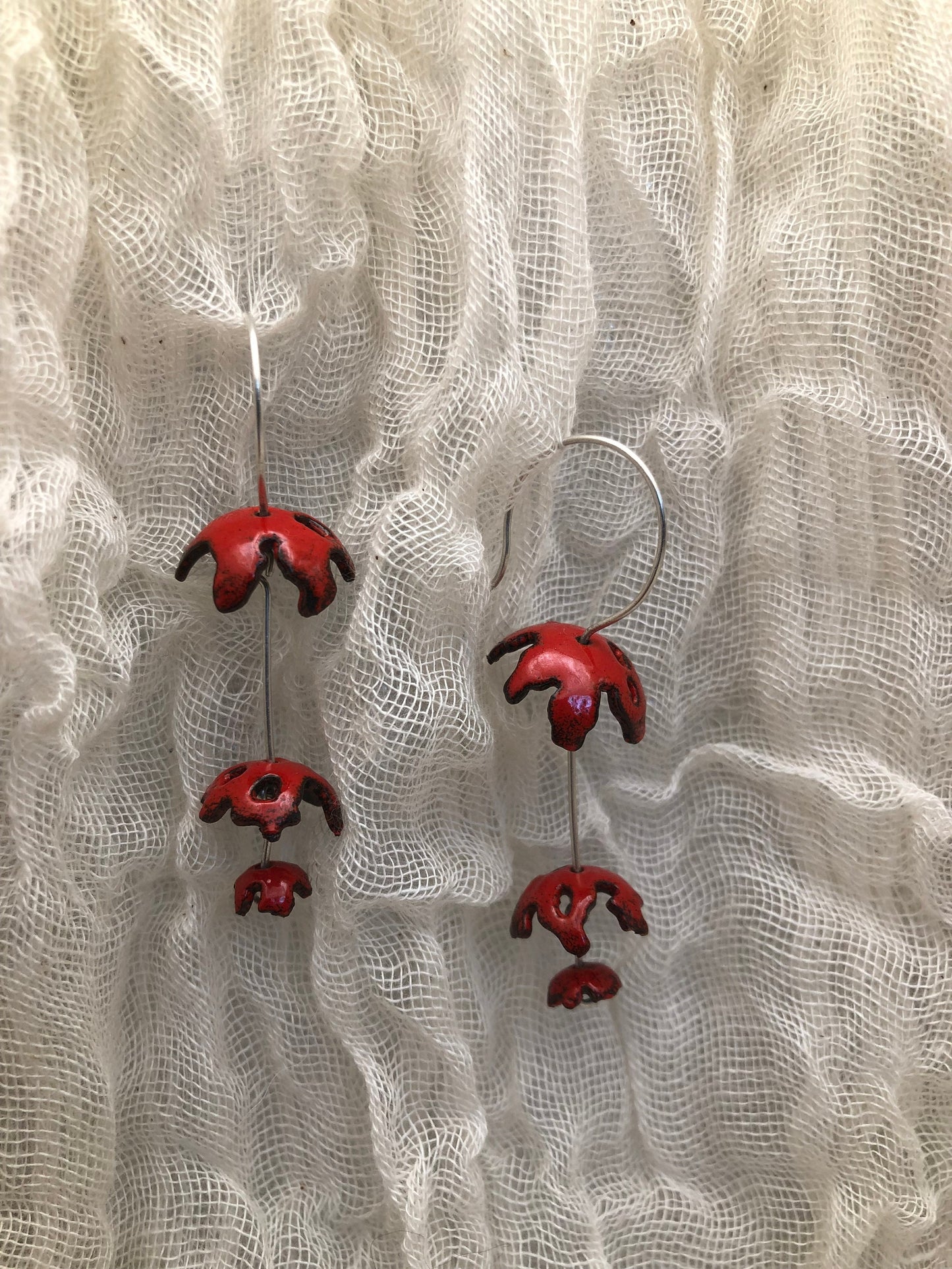 Tiered lichen earrings in red enamel and argentium sterling silver