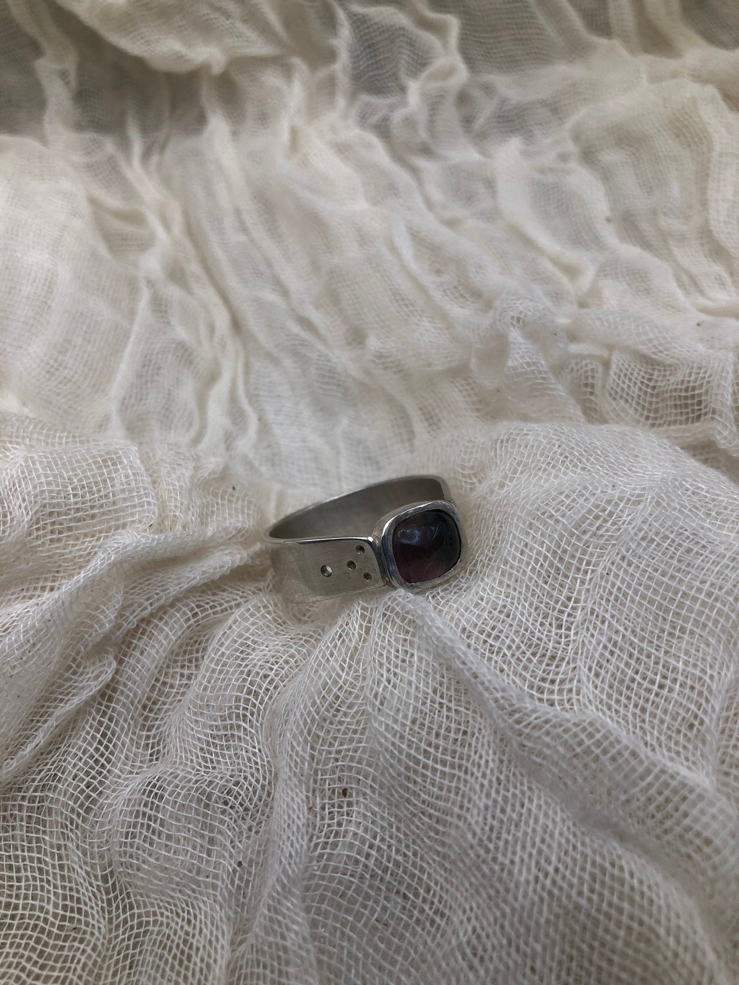 Watermelon tourmaline ring in argentium sterling silver with a wide pierced band