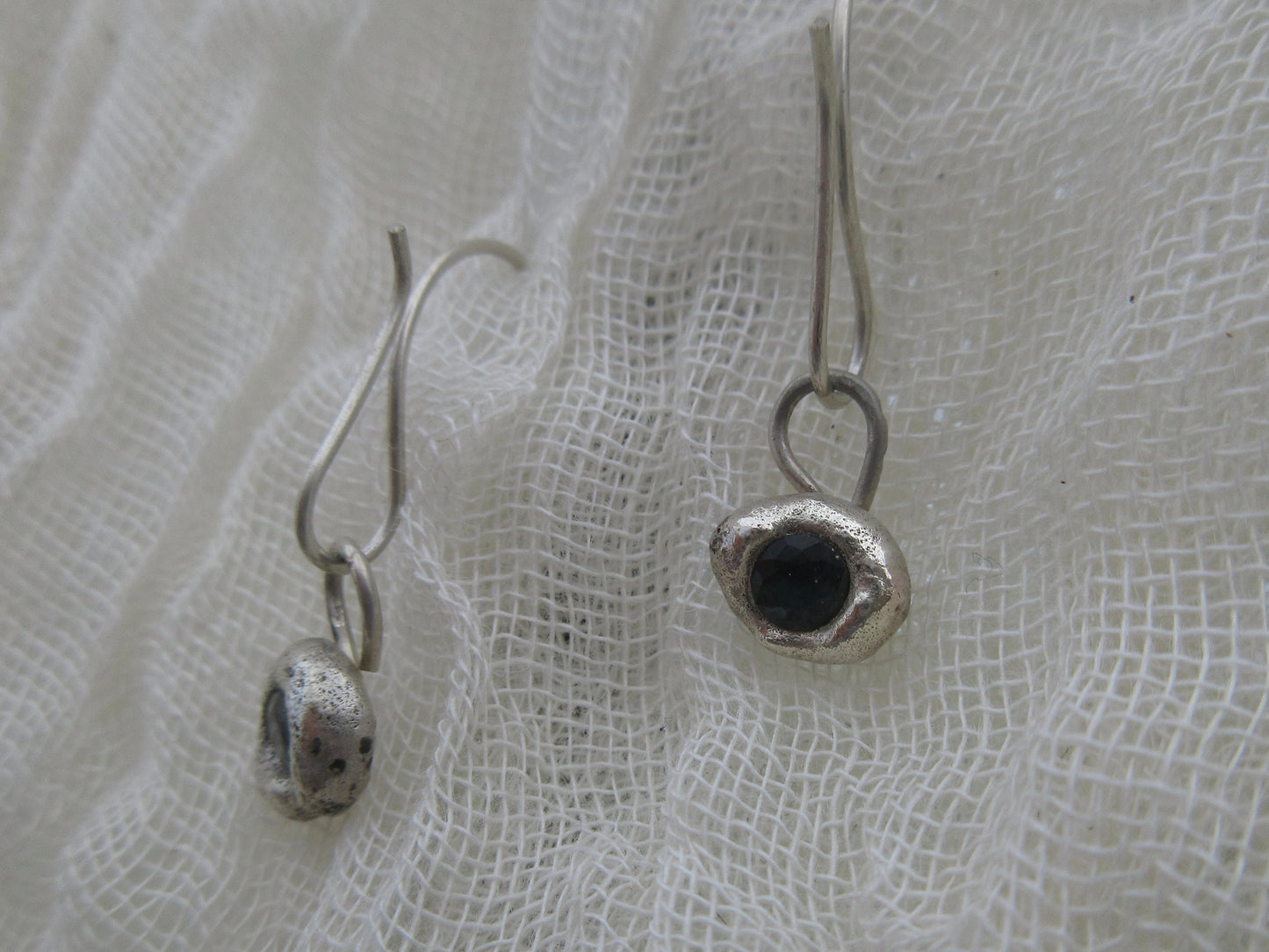 Cast in place sapphire earrings in argentium sterling silver