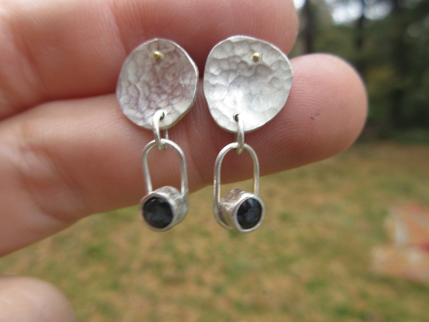Moonlight sapphire earrings in argentium sterling silver and 24 karat gold