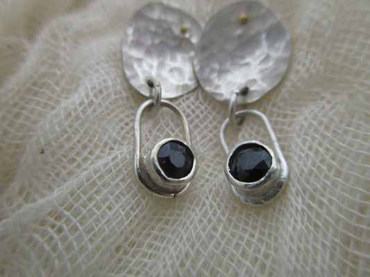 Moonlight sapphire earrings in argentium sterling silver and 24 karat gold