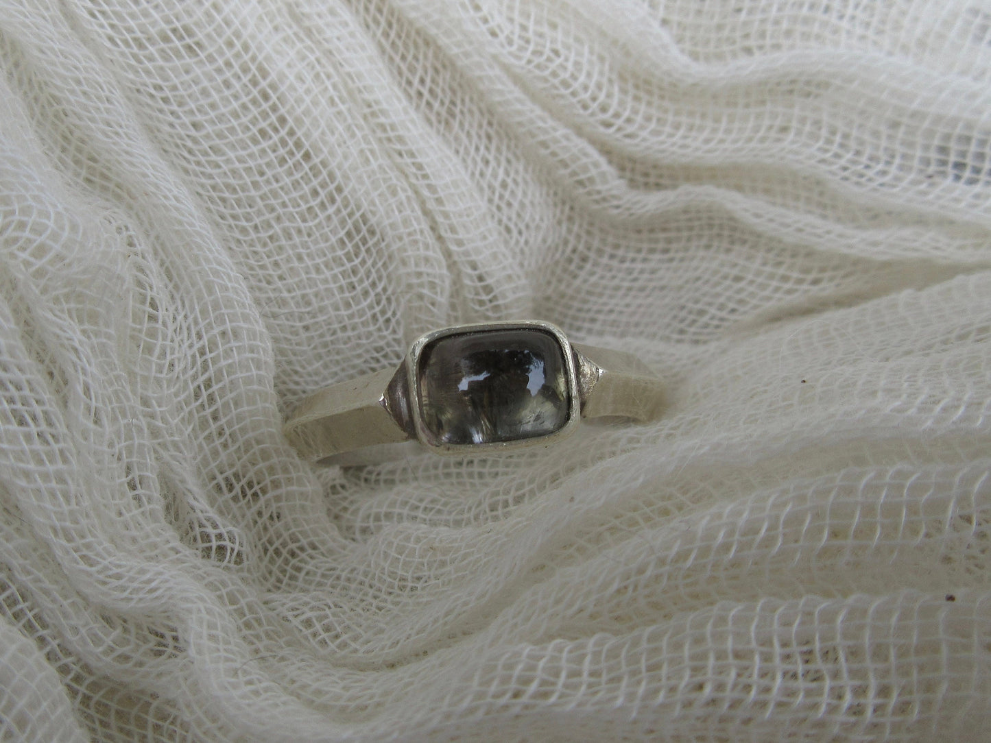 Gray tourmaline cabochon ring in argentium sterling silver